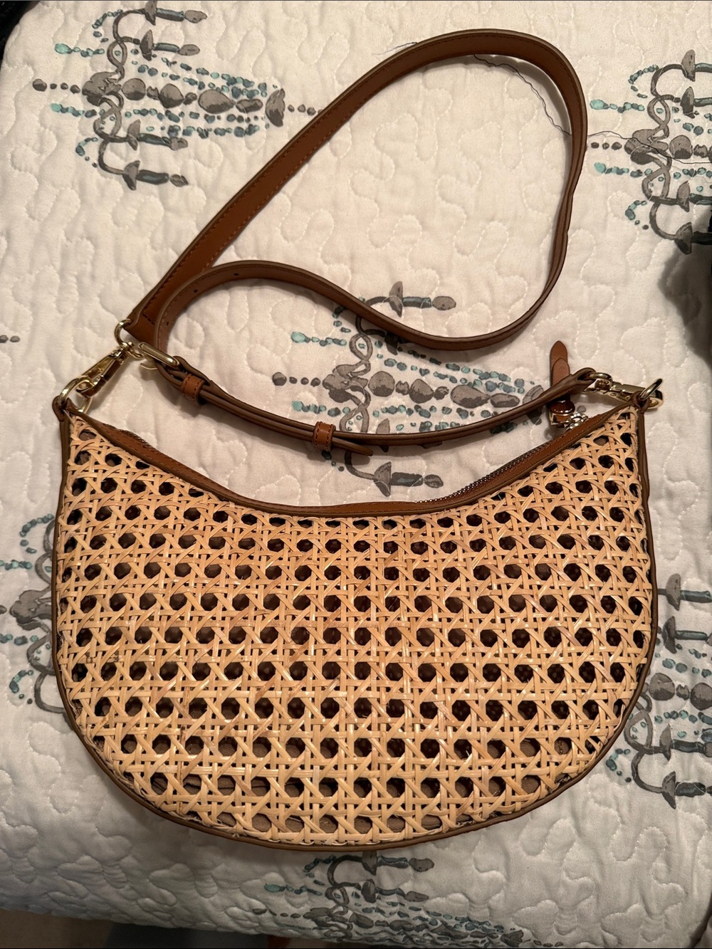 Talbots Leather Trim Rattan Crescent Shoulder Bag
